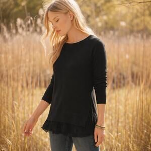 Garnet Hill SZ S Shirttail Cashmere Sweater Silk Lace Hem Trim Black